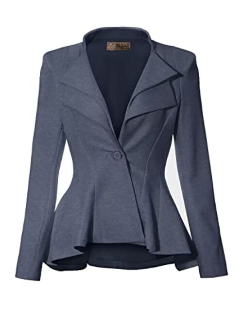 Hybrid Women's Casual Work Office Dressy Double Notch Lapel Sharp Shoulder Pad Single Button Peplum Comfy Blazer