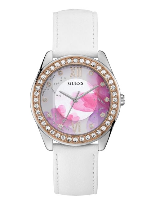 Guess Women's White Leather Strap Watch 40mm