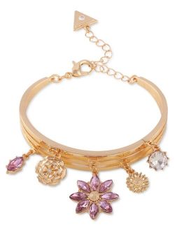 Gold-Tone Purple Crystal Flower Charm Bangle Bracelet