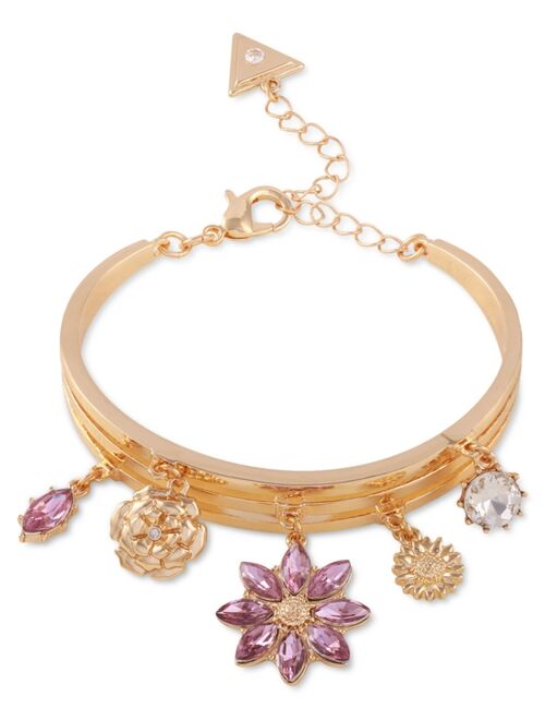 Guess Gold-Tone Purple Crystal Flower Charm Bangle Bracelet