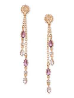 Gold-Tone Purple Crystal Flower Linear Earrings