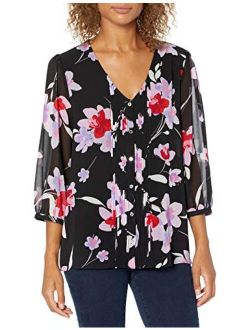 Women's Long Sleeve Printed Blouse with Front Pleats and Buttons