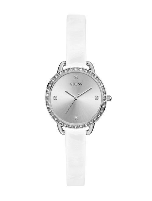 Guess Women's Glitz Silver-Toned White Patent Leather Watch 30mm