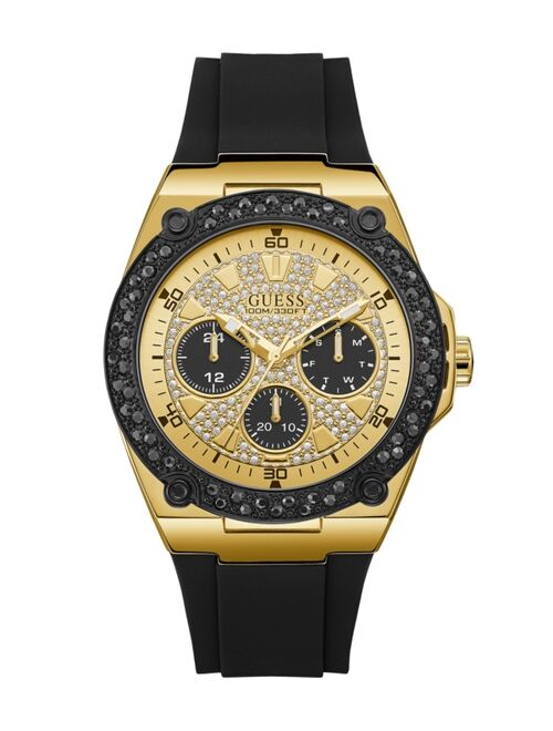 Guess Men's Black and Gold-Tone with Crystal Accents and Silicone Strap Watch 45mm