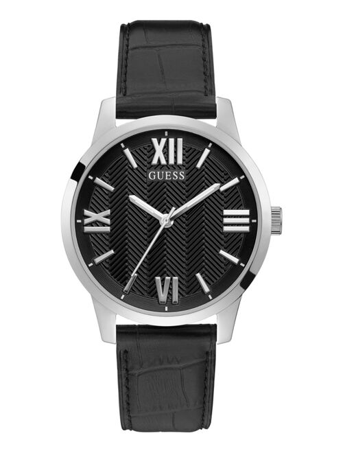 Guess Men's Black Leather Strap Watch 42mm
