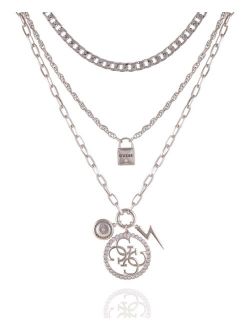 Silver-tone And Crystal Multi Layered Necklace With Logo Lock And Quatro G Pendants