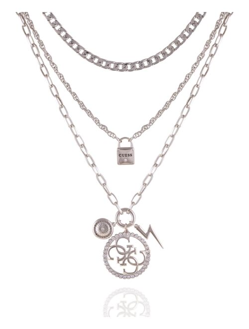 Guess Silver-tone And Crystal Multi Layered Necklace With Logo Lock And Quatro G Pendants