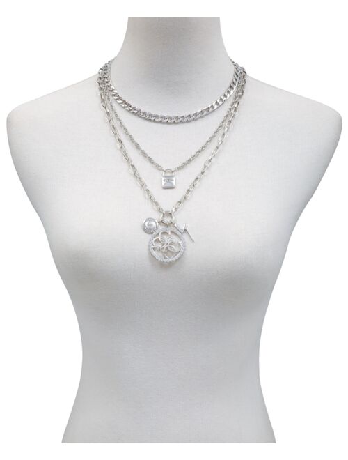 Guess Silver-tone And Crystal Multi Layered Necklace With Logo Lock And Quatro G Pendants