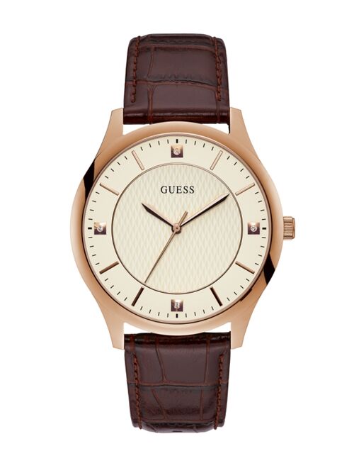 Guess Genuine Diamond Rose Gold-Tone Leather Watch 44mm