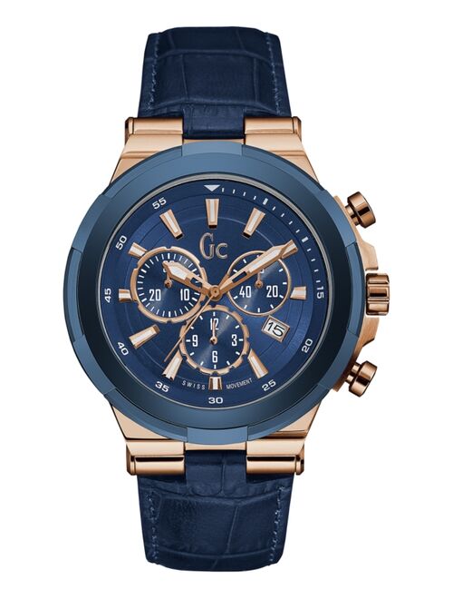 Guess Men's Swiss Chronograph Blue Leather Strap Watch 44mm