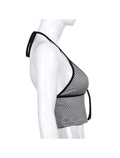 Women's Print Sleeveless V Neck Camisole Bandage Halter Backless Crop Top