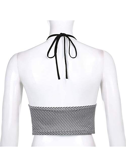 Women's Print Sleeveless V Neck Camisole Bandage Halter Backless Crop Top