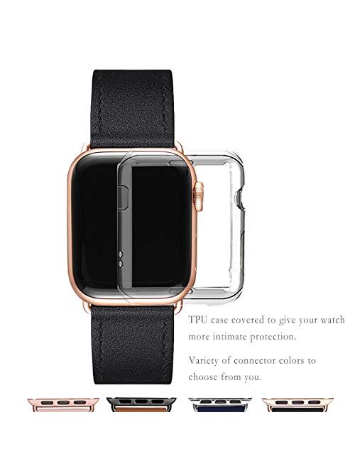 POWER PRIMACY Bands Compatible with Apple Watch Band 38mm 40mm 42mm 44mm, Top Grain Leather Smart Watch Strap Compatible for Men Women iWatch Series 5 4 3 2 1 (Black/Rose