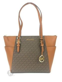 Charlotte Signature Leather Large Top Zip Tote Handbag Bag (Brown)