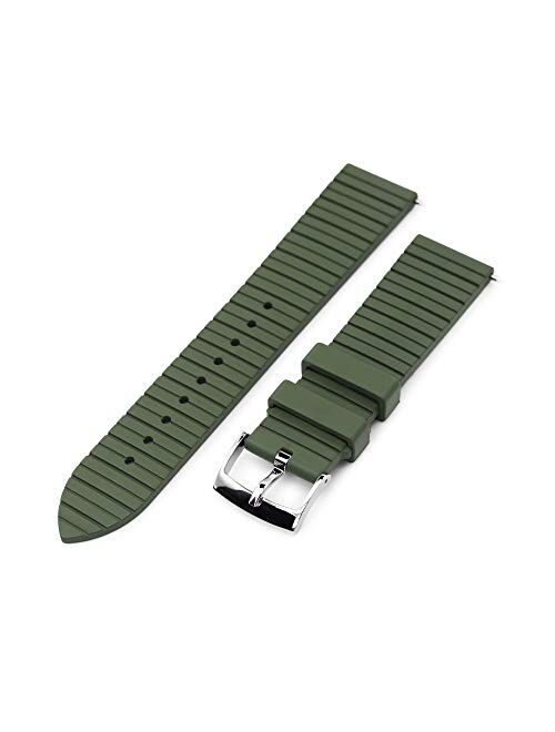 20mm Quick Release Watch Band Groove Stripe Green Rubber FKM Strap, Polished Buckle