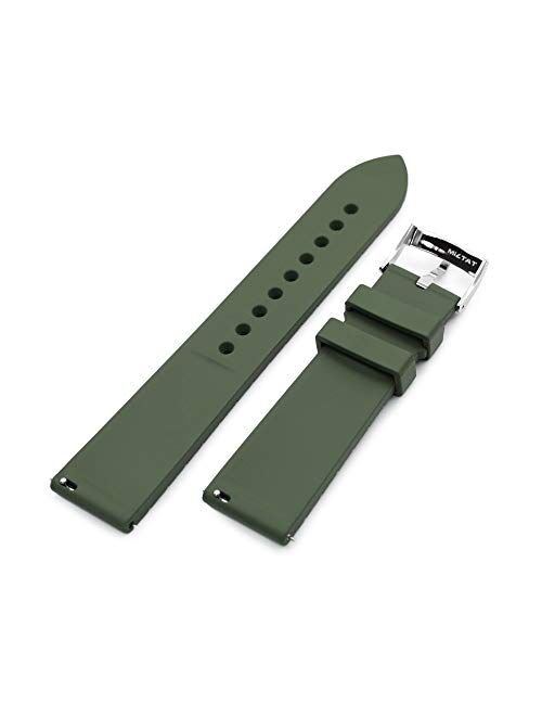 20mm Quick Release Watch Band Groove Stripe Green Rubber FKM Strap, Polished Buckle