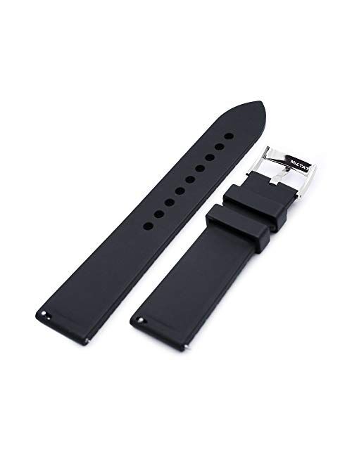 20mm Quick Release Watch Band Groove Stripe Black Rubber FKM Strap, Polished Buckle