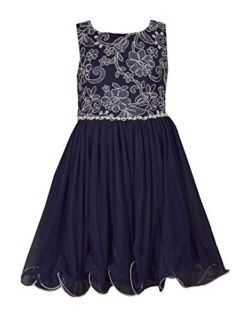 Big Girls 7-16 Navy Floral Embroidered Bodice to Mesh Pleated Skirt Party Dress