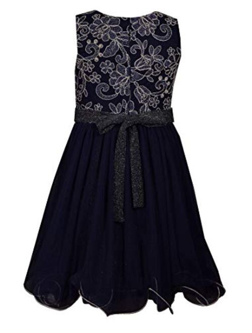 Bonnie Jean Big Girls 7-16 Navy Floral Embroidered Bodice to Mesh Pleated Skirt Party Dress