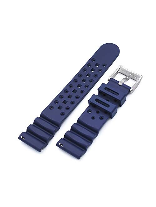 22mm Quick Release Watch Band Blue Rubber Diver FKM Strap, Brushed Buckle