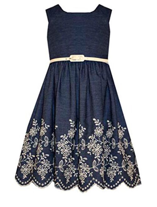 Bonnie Jean Girls Denim Scalloped / Embroidered Hem Fall Holiday Dress