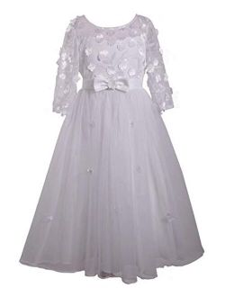 Girl's First Communion Dress with Bow and Daisies, Long Sleeve