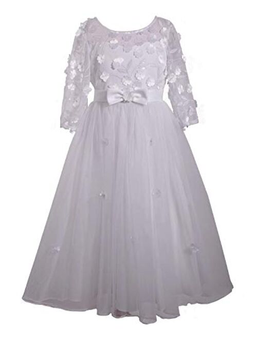 Bonnie Jean Girl's First Communion Dress with Bow and Daisies, Long Sleeve