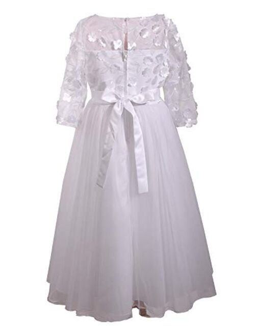 Bonnie Jean Girl's First Communion Dress with Bow and Daisies, Long Sleeve