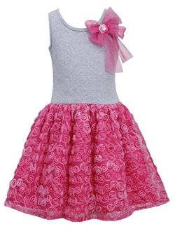 Girls 2T-6X Fuchsia-Pink Bow Shoulder Knit to Bonaz Rosette Mesh Overlay Dress