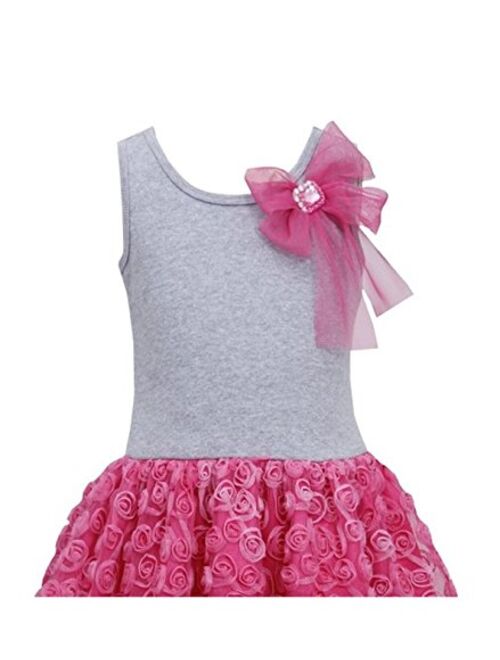 Bonnie Jean Girls 2T-6X Fuchsia-Pink Bow Shoulder Knit to Bonaz Rosette Mesh Overlay Dress