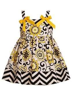 Little Girls Yellow Bow Shoulder Chevron Stripe and Floral Print Dress