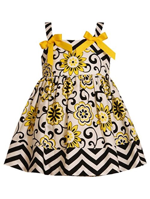 Bonnie Jean Little Girls Yellow Bow Shoulder Chevron Stripe and Floral Print Dress