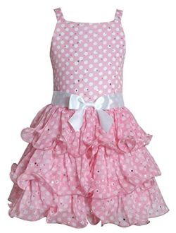 Pink Polka dot Sleeveless With Bow Ruffle Dress