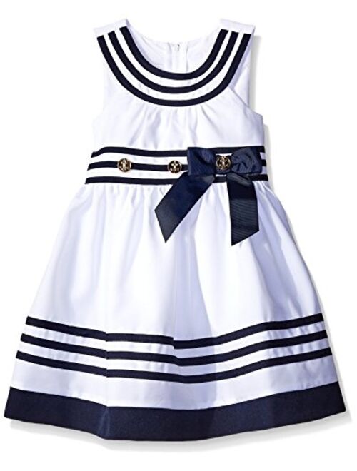 Bonnie Jean Little Girls White/Blue U-Neck Banded Border Nautical Resort Dress