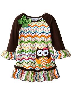 Little Girls' Chevron Print Owl Appliqued Dress