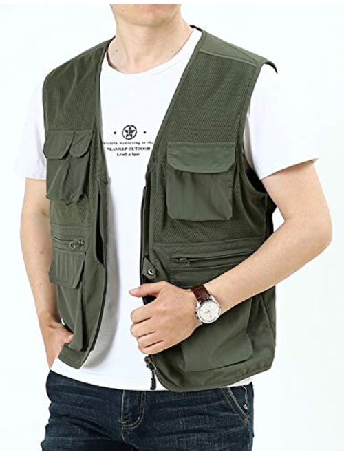 Gihuo Men's Casual Safari Travel Fishing Mesh Zip Vest Outdoor Waterproof Utility Vest Gilet