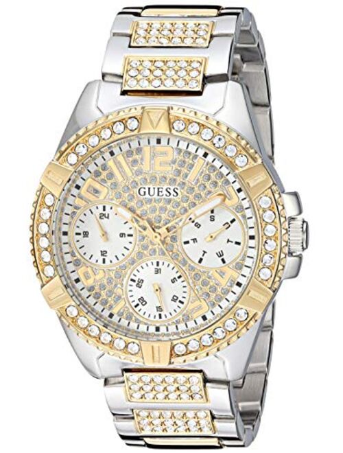 GUESS Stainless Steel + Gold-Tone Crystal Watch with Day, Date + 24 Hour Military/Int'l Time. Color: Silver/Gold-Tone (Model: U1156L5)