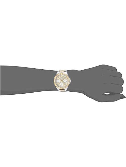 GUESS Stainless Steel + Gold-Tone Crystal Watch with Day, Date + 24 Hour Military/Int'l Time. Color: Silver/Gold-Tone (Model: U1156L5)