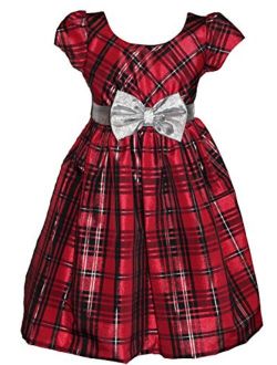 Girls Plaid Red Silver Bow Dress