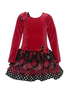 Little Girls 2T-6X Red/Black Stretch Velvet to Sparkle Tier Drop Waist Dress