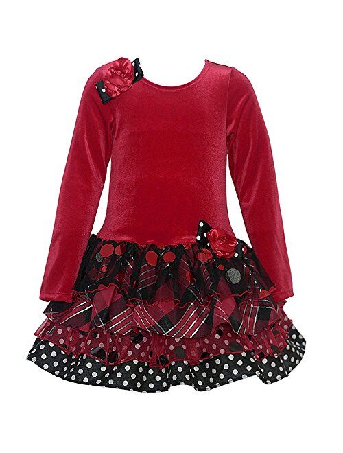 Bonnie Jean Little Girls 2T-6X Red/Black Stretch Velvet to Sparkle Tier Drop Waist Dress