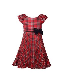 Little Girls Red Plaid Pattern Bow Accent Christmas Dress 2T-6X