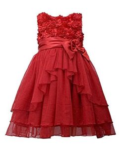 Little Girls' Red Bonaz Satin Bow Sparkling Mesh Ruffle Dress