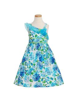 Girls Poplin Glittering One Shoulder Dress, Blue, 4-6X