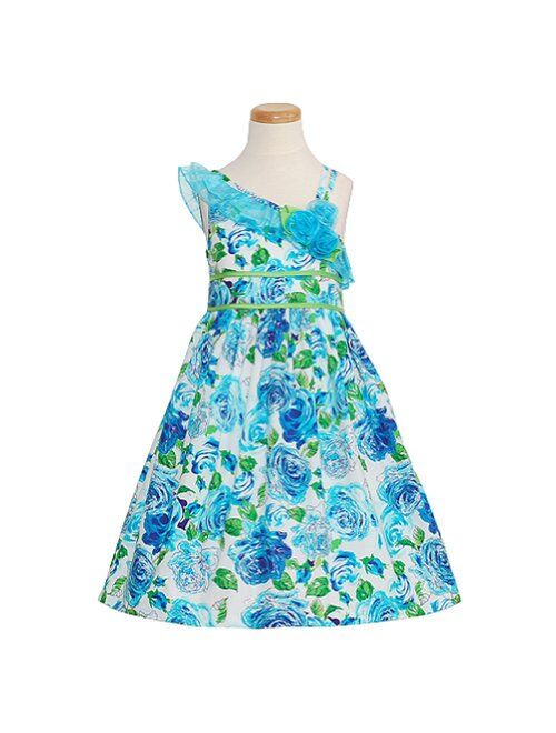 Bonnie Jean Girls Poplin Glittering One Shoulder Dress, Blue, 4-6X