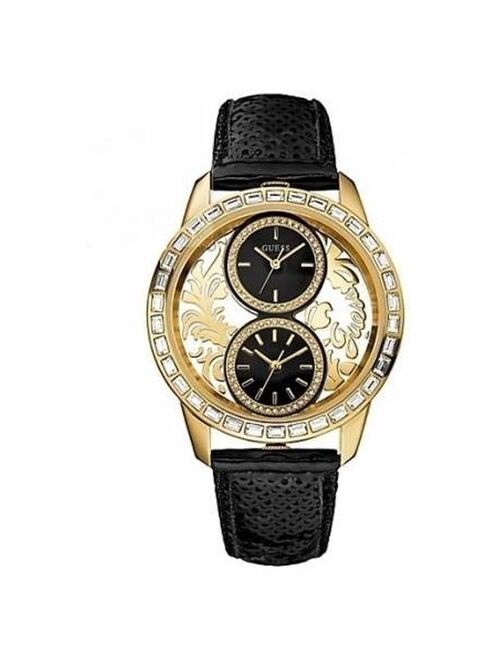 GUESS W20015L1 Women's Dual Time Gold Tone Brocade Black Leather Sequin Strap Wa
