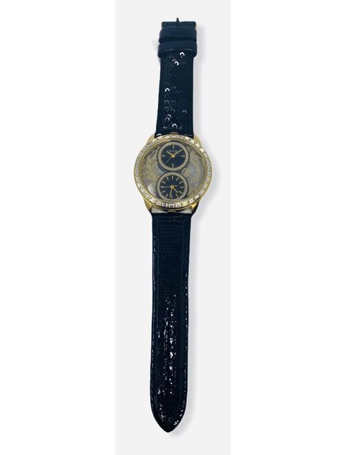GUESS W20015L1 Women's Dual Time Gold Tone Brocade Black Leather Sequin Strap Wa