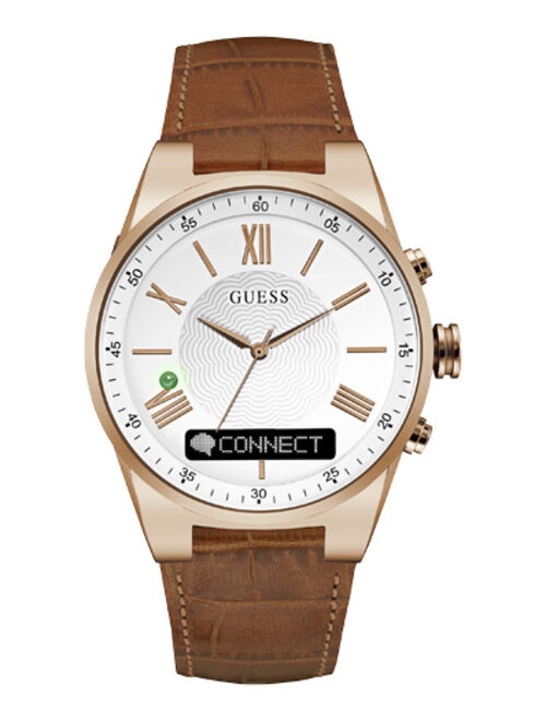 guess men's connect smartwatch with amazon alexa and genuine leather strap buckle - ios and android compatible - rose gold