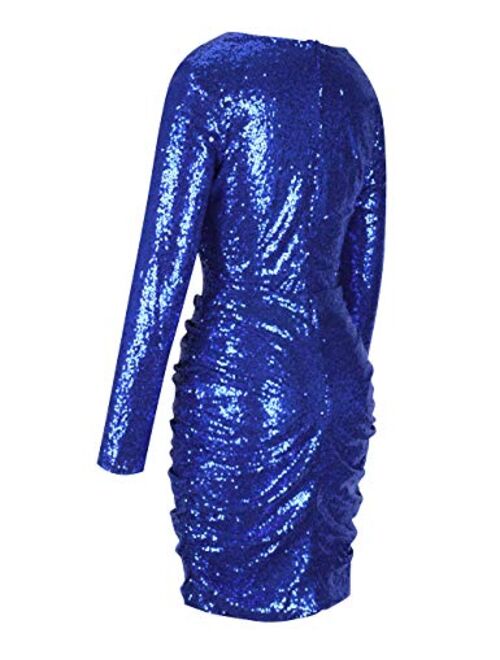 UONBOX Women's Sequin Long Sleeve Deep Plunge Bodysuit with Drape Party Knee Length Dress
