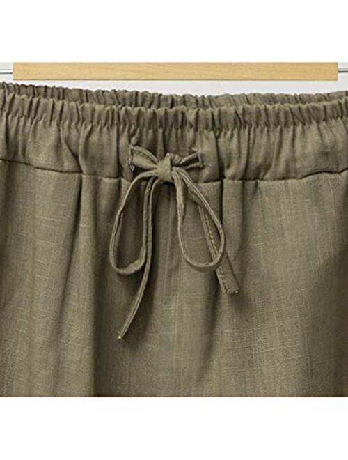 Yimoon Women’s Casual Drawstring Elastic Waist Cotton Linen Knee Length Bermuda Shorts